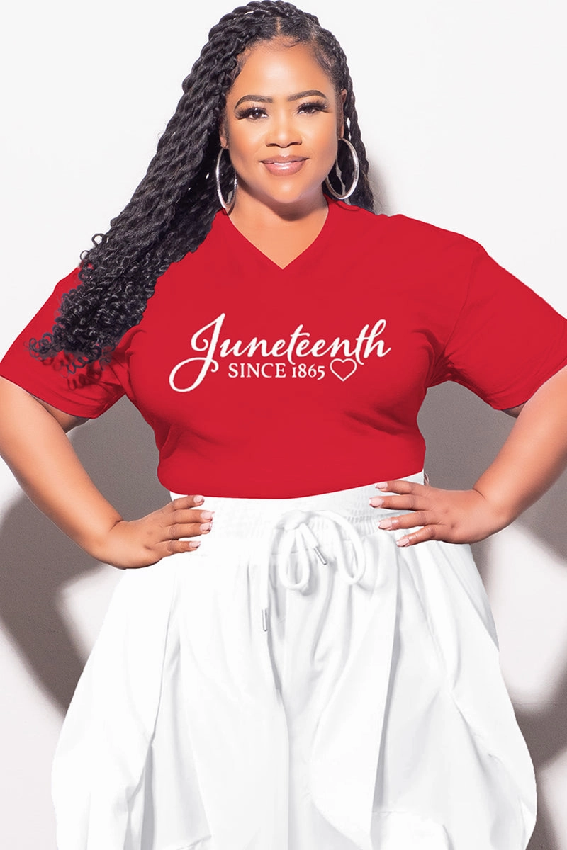 Travel-Ready Final Sale Plus Size Oversized Unisex V-Neck Red T-Shirt Juneteenth since 1865