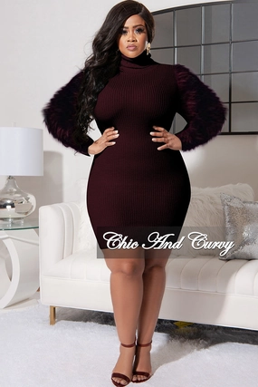 Final Sale Plus Size Turtle Neck Sweater Dress with Faux Fur Sleeves in Brown Durable Seam Construction