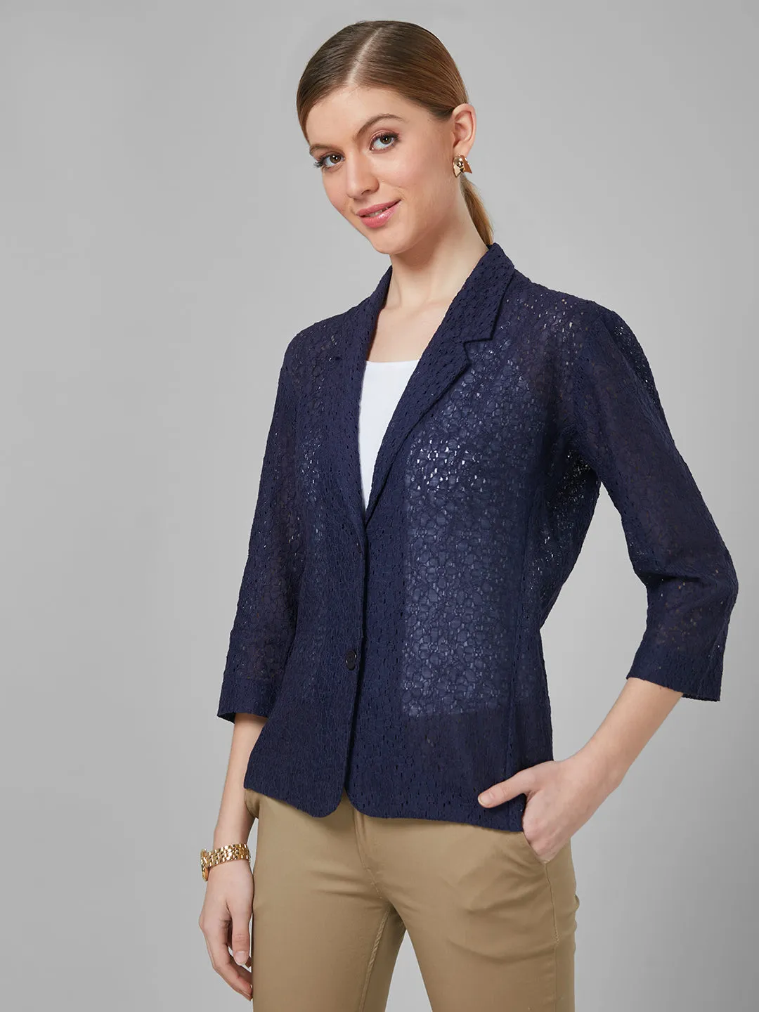 Style Quotient Women Navy Blue Self Design Floral Lace Tailored Smart Casual Jacket