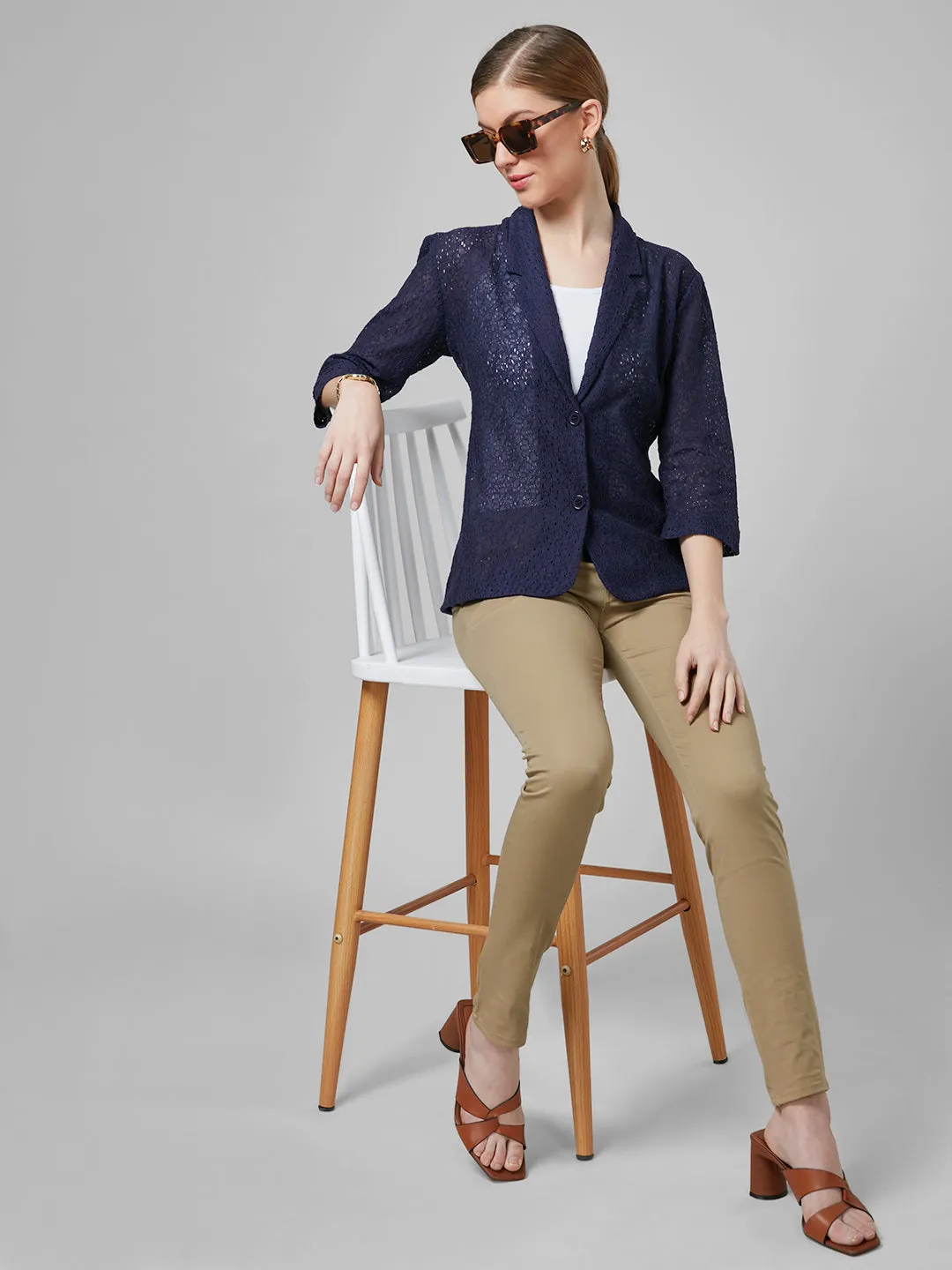 Style Quotient Women Navy Blue Self Design Floral Lace Tailored Smart Casual Jacket