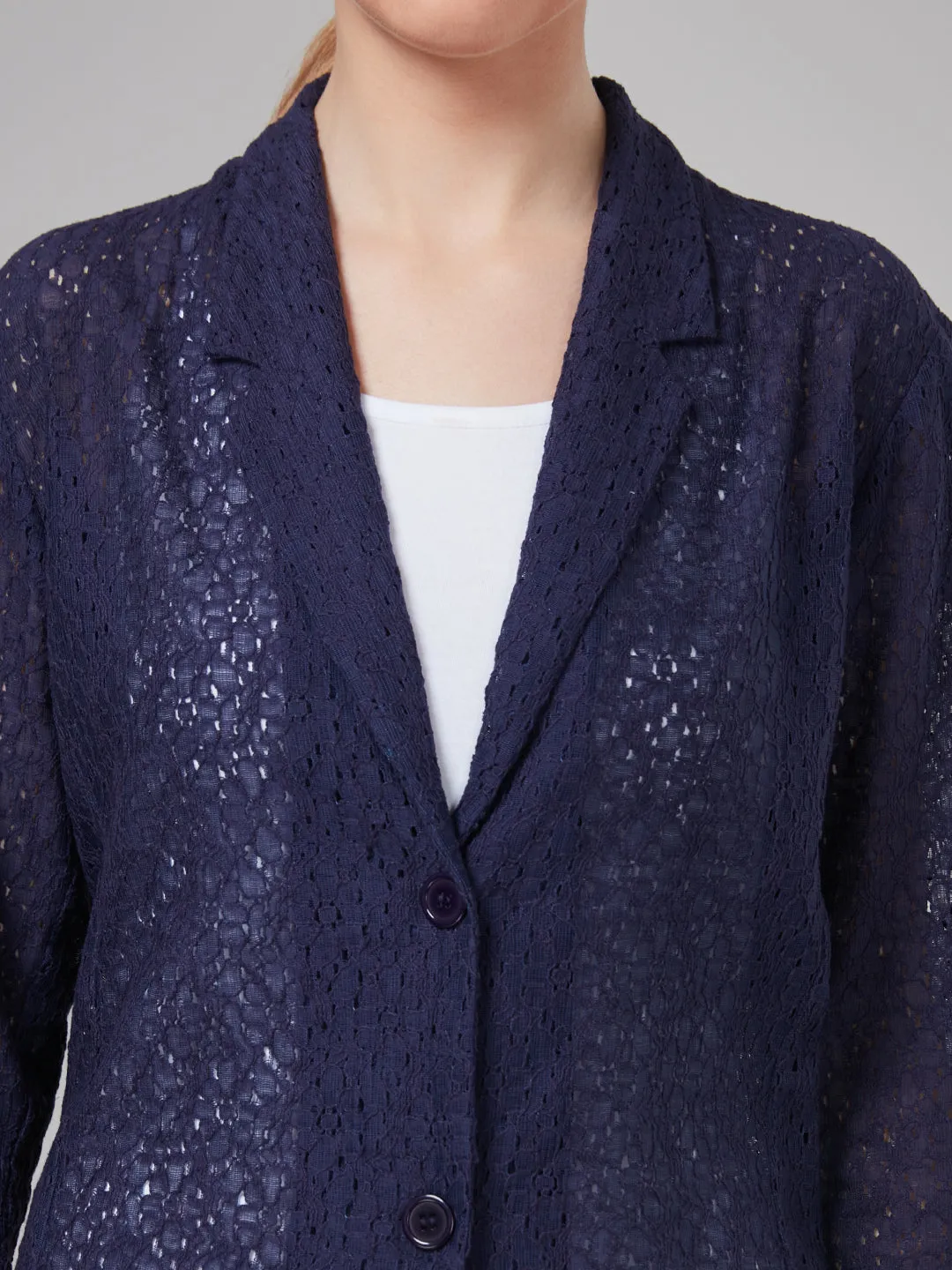 Style Quotient Women Navy Blue Self Design Floral Lace Tailored Smart Casual Jacket