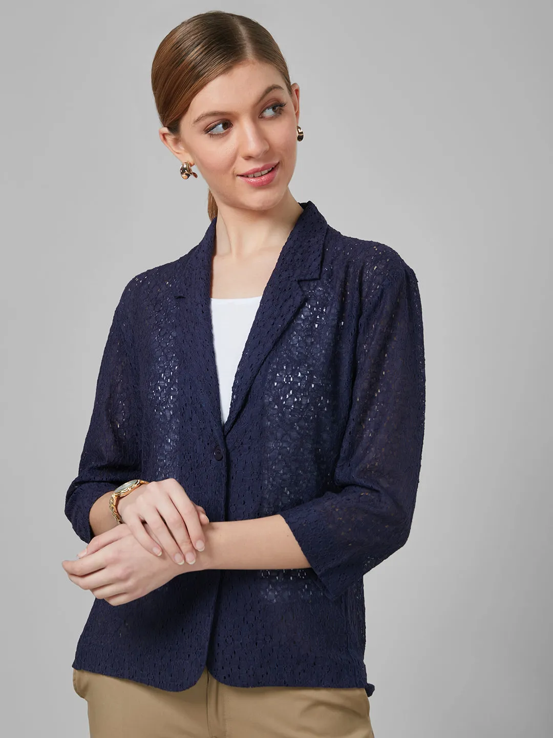 Style Quotient Women Navy Blue Self Design Floral Lace Tailored Smart Casual Jacket