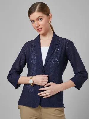 Style Quotient Women Navy Blue Self Design Floral Lace Tailored Smart Casual Jacket