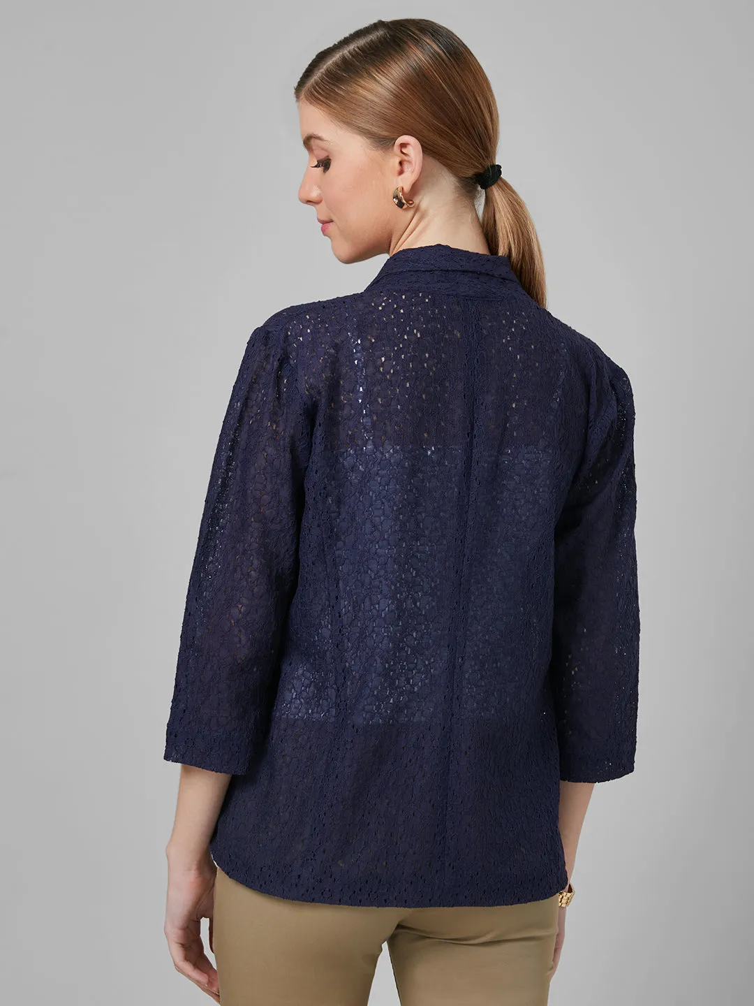 Style Quotient Women Navy Blue Self Design Floral Lace Tailored Smart Casual Jacket