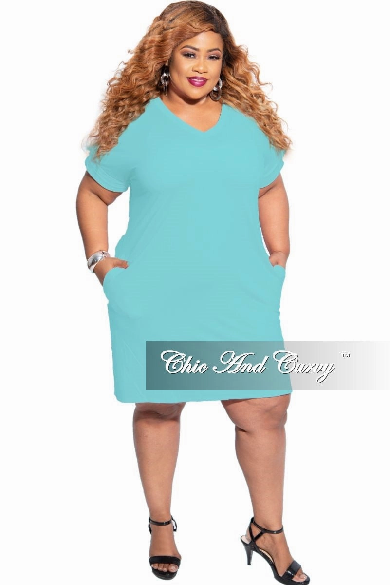 Final Sale Plus Size Rolled Sleeve V-Neck Dress in Mint Cozy and Soft Boho chic