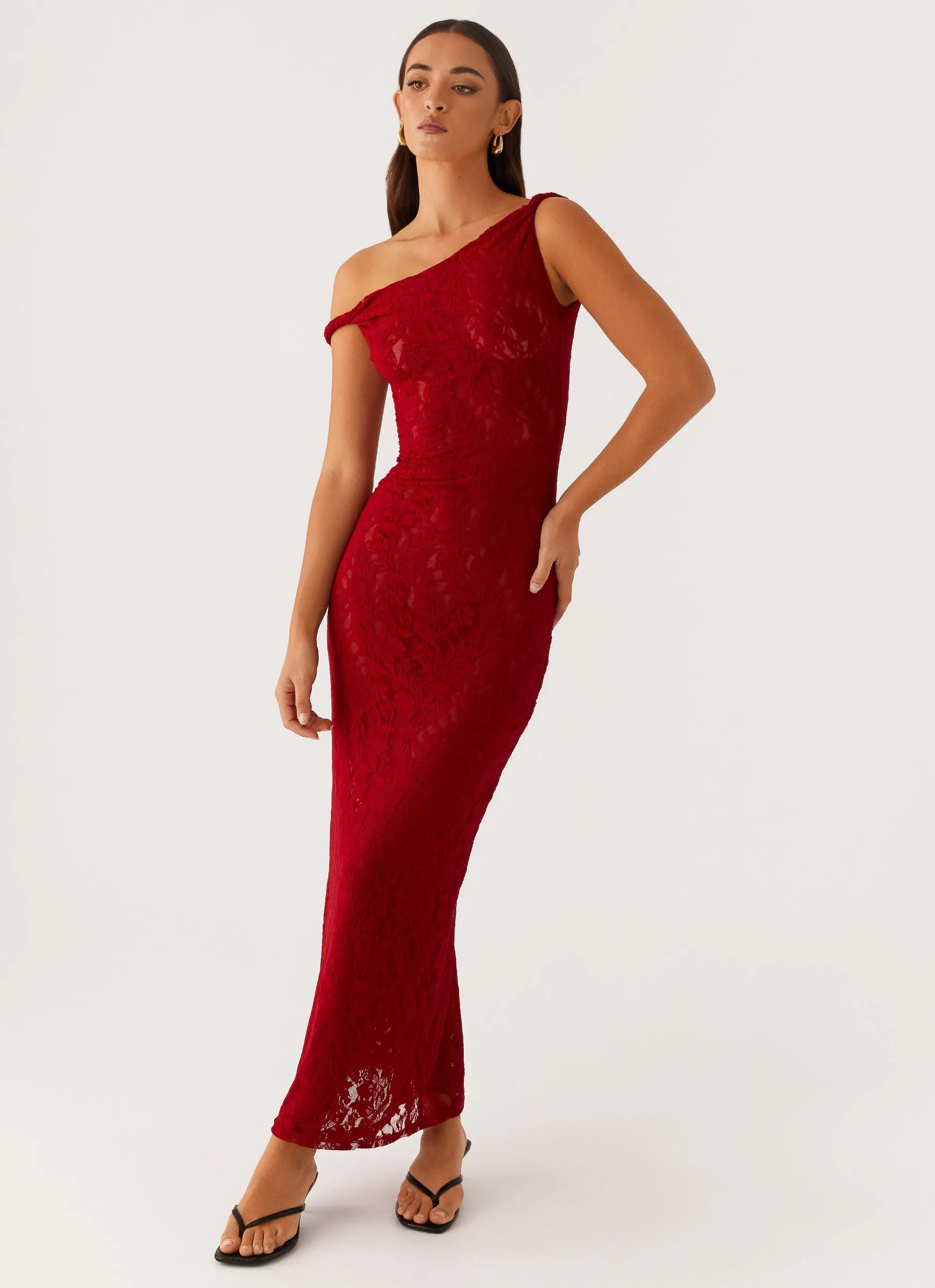 Dance-Party Arabella Twist Shoulder Maxi Dress - Maroon
