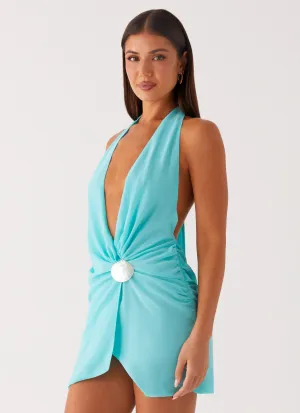 Eleanora Plunge Mini Dress - Turquoise Form Fitting