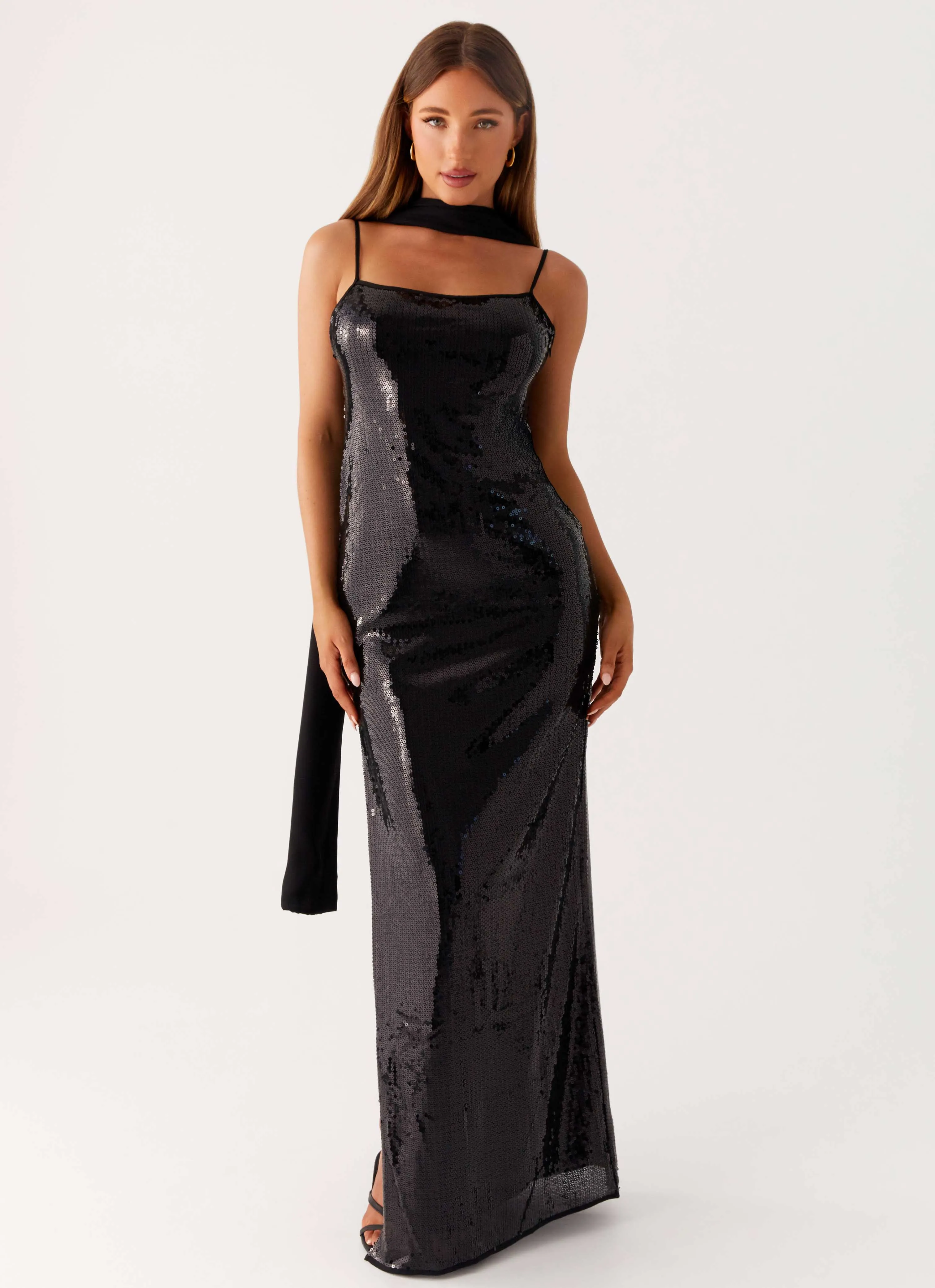 Loose Flow Scarf Neck Sequins Maxi Dress - Black