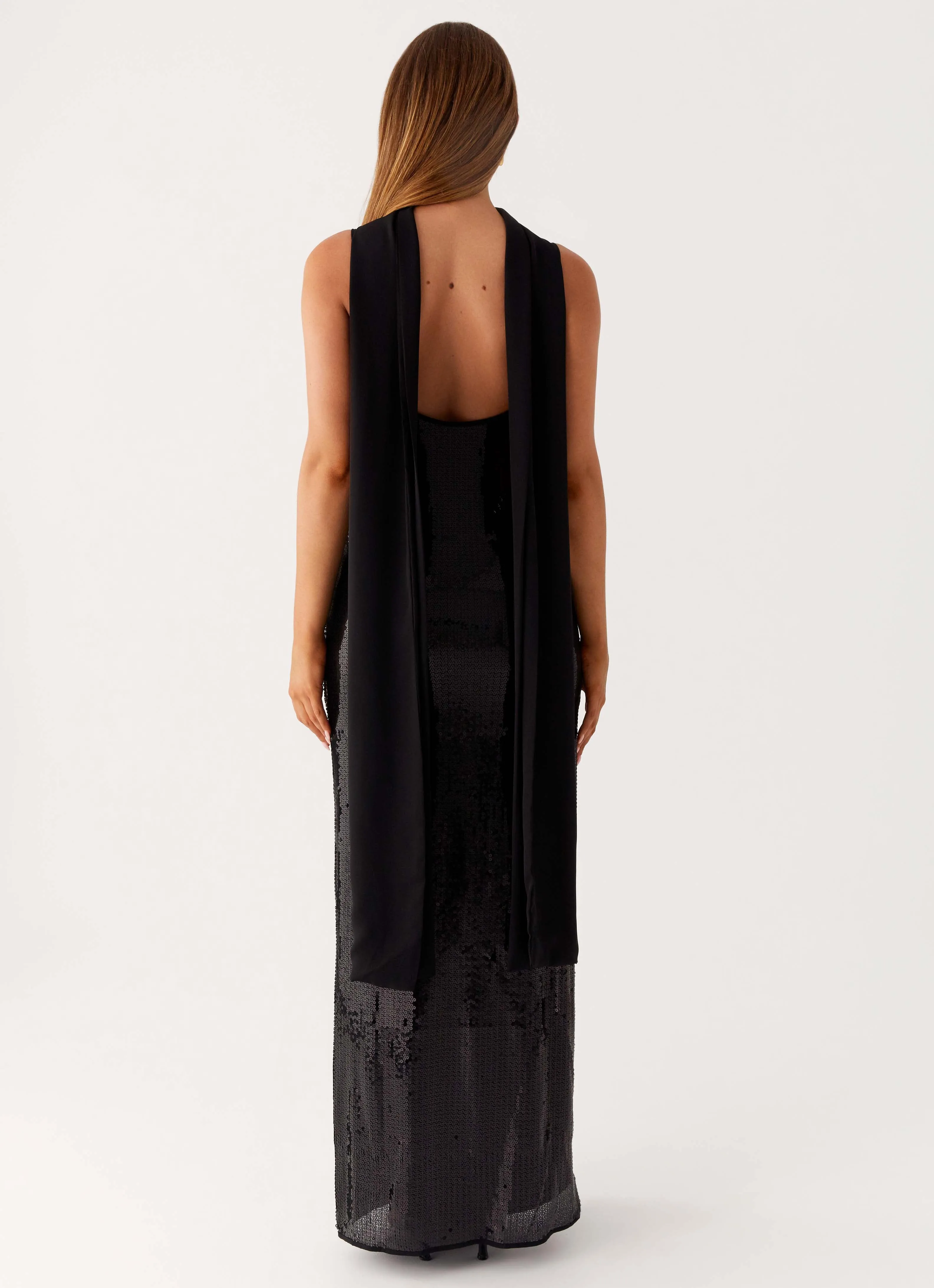 Scarf Neck Sequins Maxi Dress - Black Soft and Light Smart and Elegant