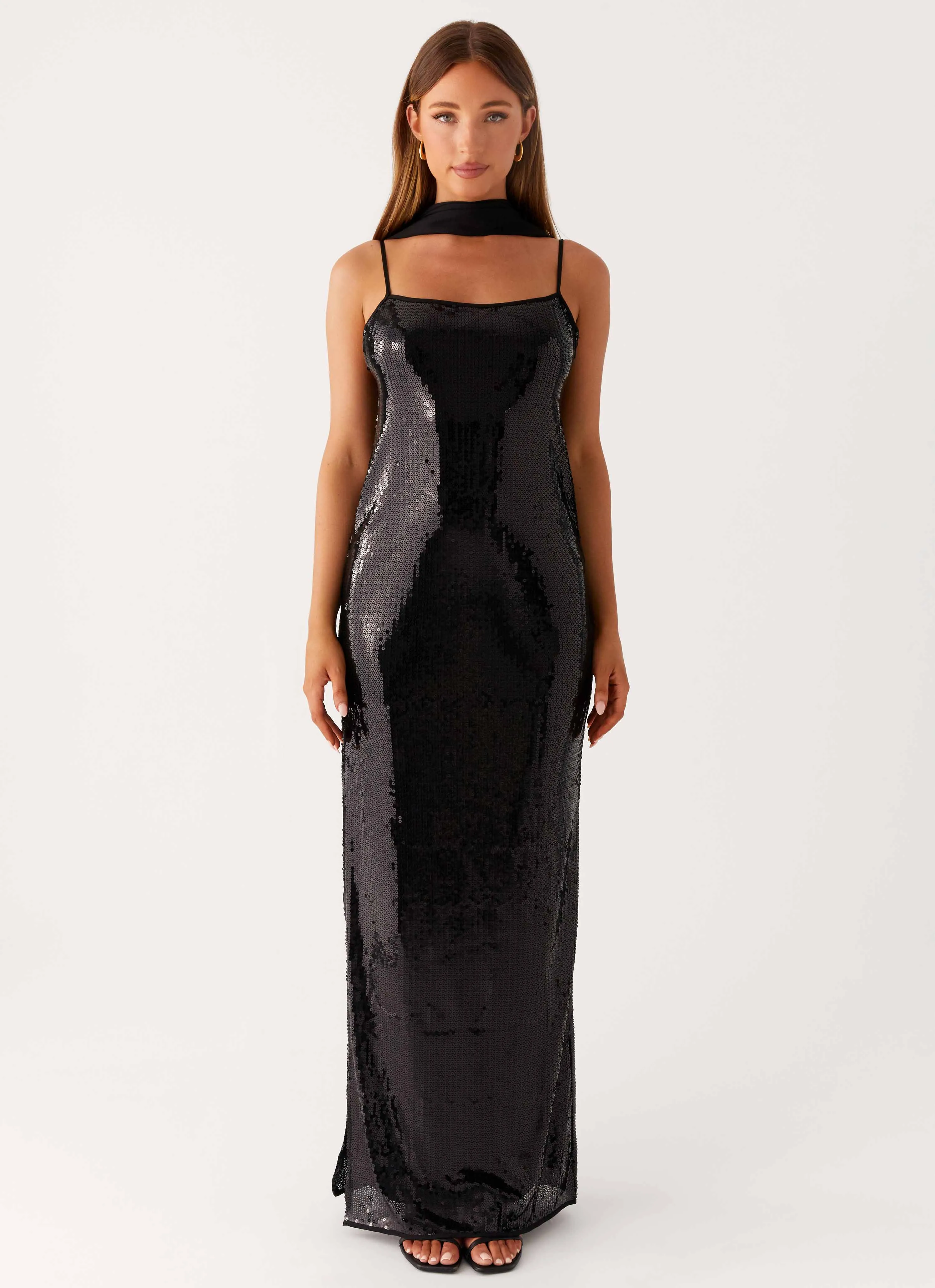 Scarf Neck Sequins Maxi Dress - Black All Fitwear elegant design