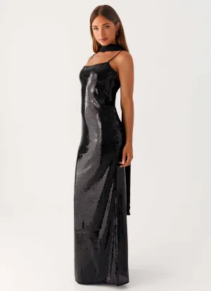 Contrasting Detail Scarf Neck Sequins Maxi Dress - Black