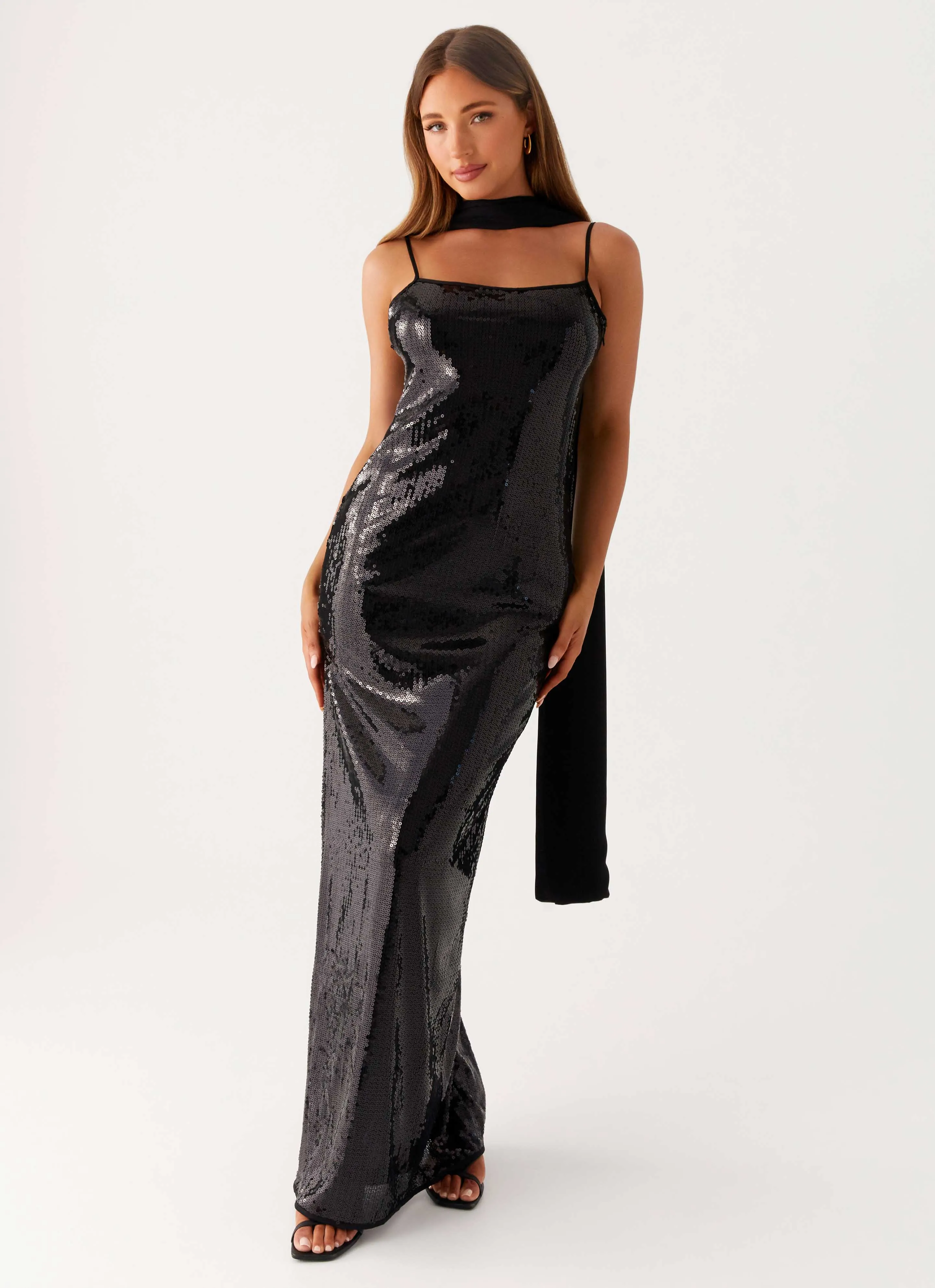 Scarf Neck Sequins Maxi Dress - Black Bridal-Shower