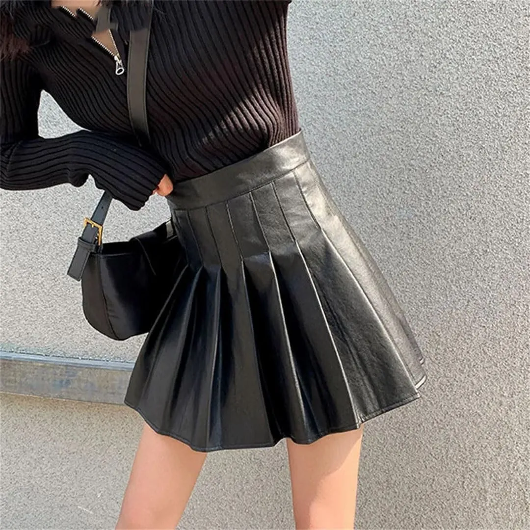 Stylish High Waist Mini PU Leather Skirts for Women Summer Loose Pleated Skirts