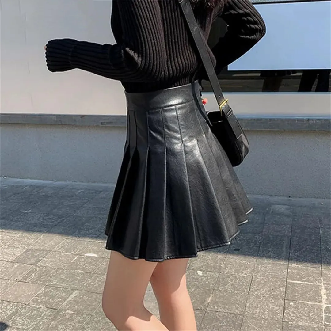 Stylish High Waist Mini PU Leather Skirts for Women Summer Loose Pleated Skirts
