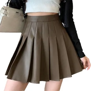 Stylish High Waist Mini PU Leather Skirts for Women Summer Loose Pleated Skirts
