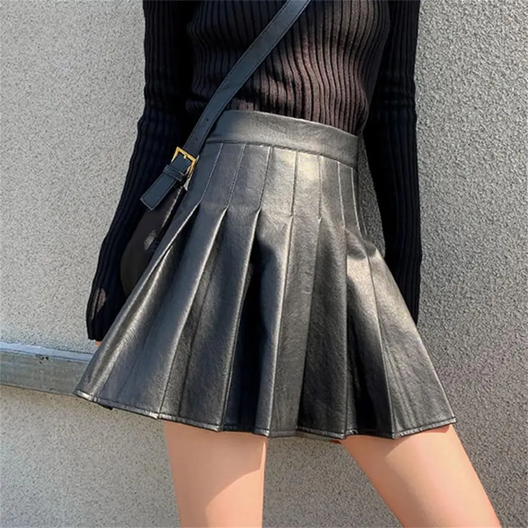 Stylish High Waist Mini PU Leather Skirts for Women Summer Loose Pleated Skirts