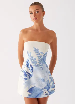 Pure Look Olive Tone Denby Strapless Mini Dress - Blue Floral Print