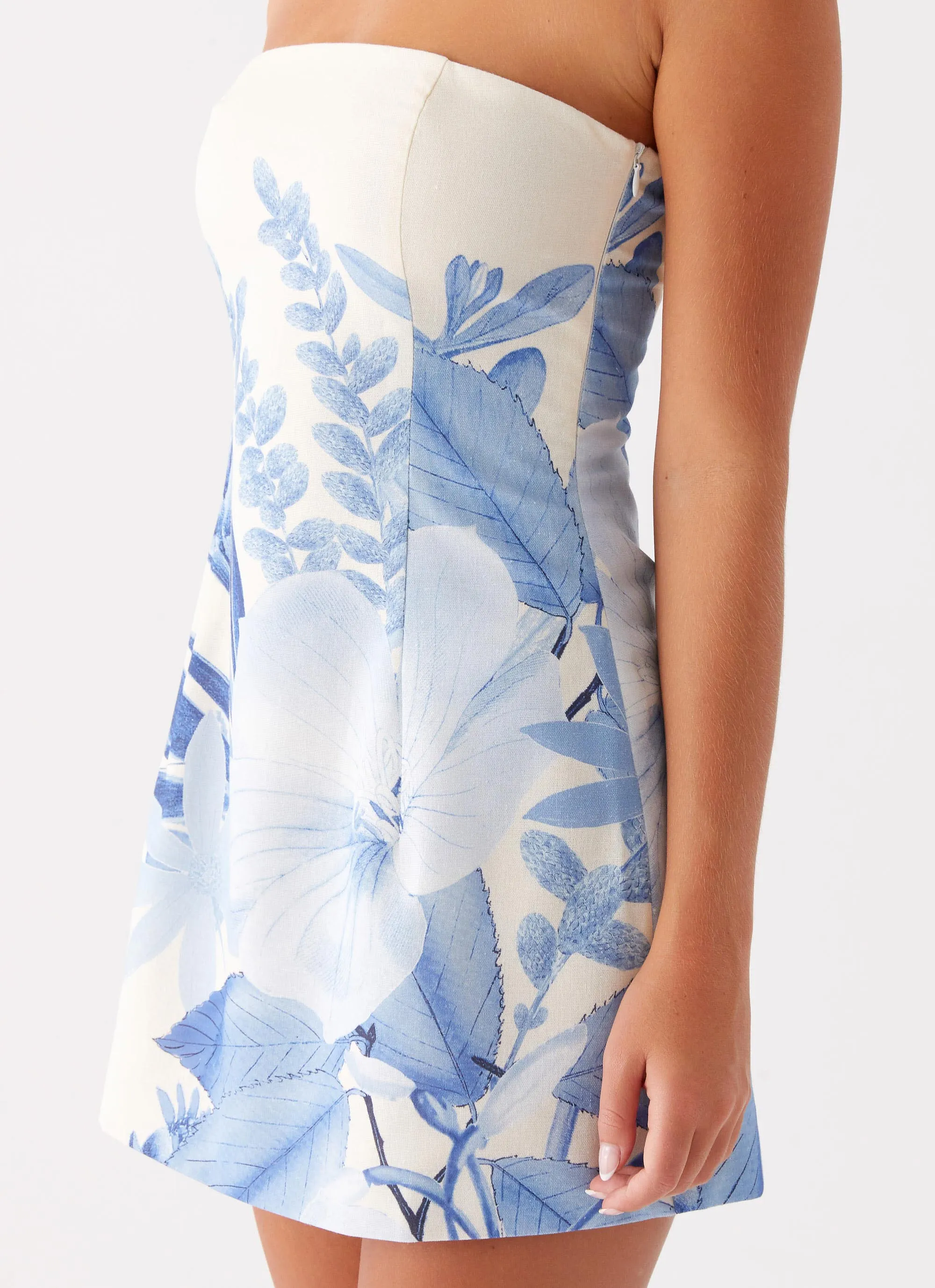 Denby Strapless Mini Dress - Blue Floral Print Resort-Wear