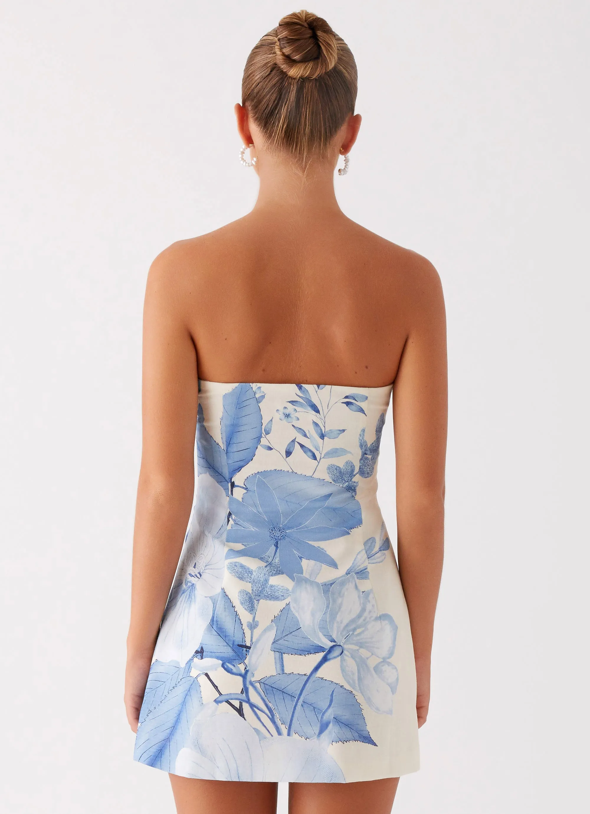 Denby Strapless Mini Dress - Blue Floral Print Earth Colors Celebrity-Inspired