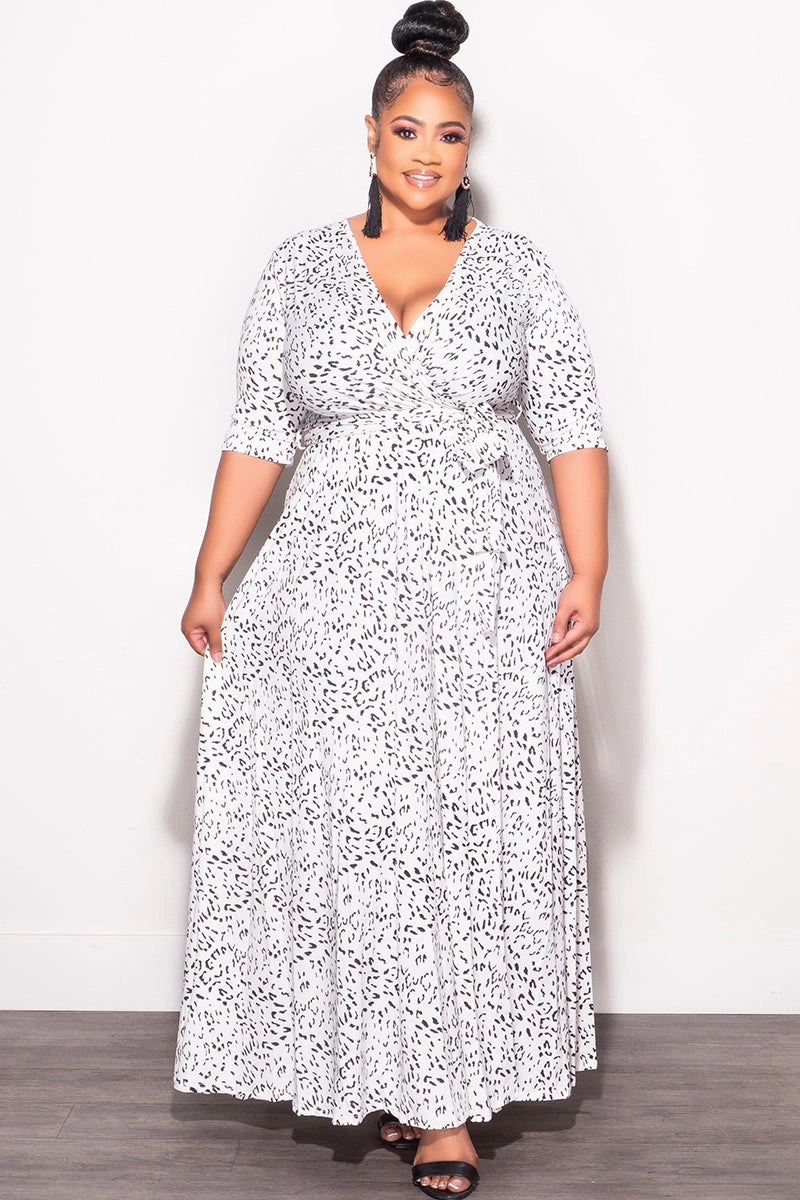 Moisture Wicking Fabric Professional Wear Final Sale Plus Size Deep V Faux Wrap Dress with 3/4 Sleeves in Black and White Animal Print