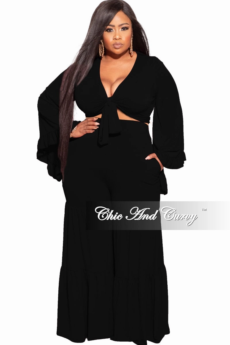 Final Sale Plus Size 2pc Bell Sleeve Crop Tie Top and 3-Layer Pants Set in Black Sporty Comfort Wear