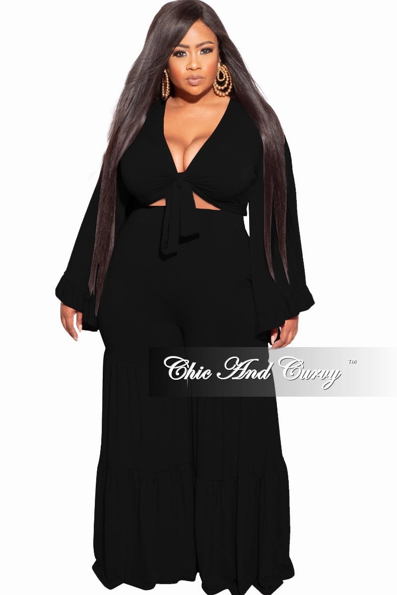 All-Purpose Comfort Quick Wear Fit Final Sale Plus Size 2pc Bell Sleeve Crop Tie Top and 3-Layer Pants Set in Black