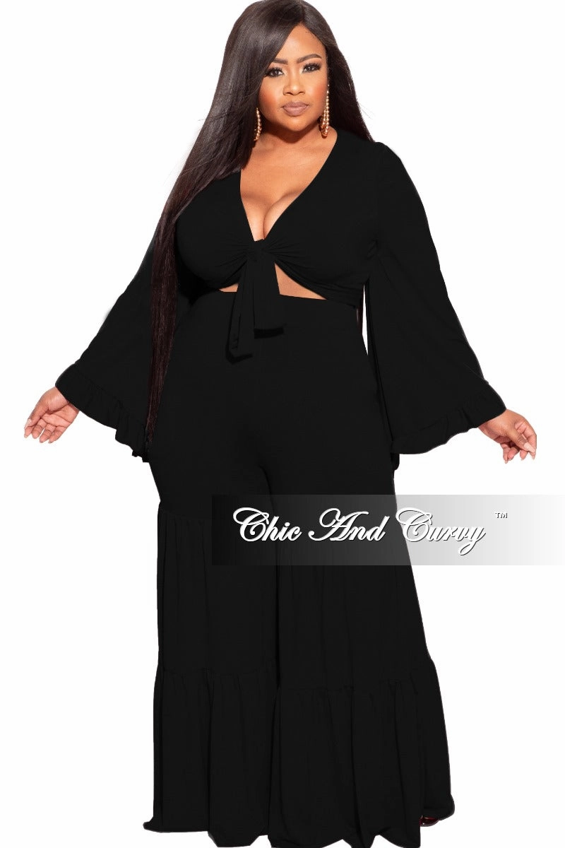 Final Sale Plus Size 2pc Bell Sleeve Crop Tie Top and 3-Layer Pants Set in Black Supportive Fit LightweightDesign