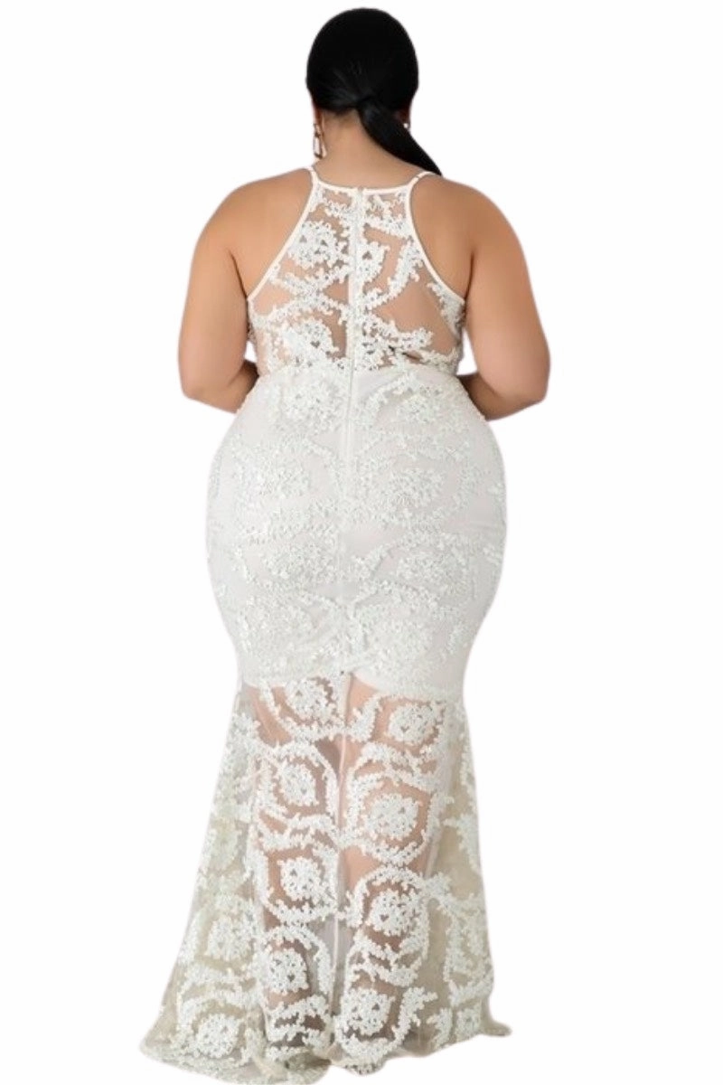 Final Sale Plus Size Gown with Deep V and Mermaid Bottom in Ivory Multi Panel Cut RubberizedGrip