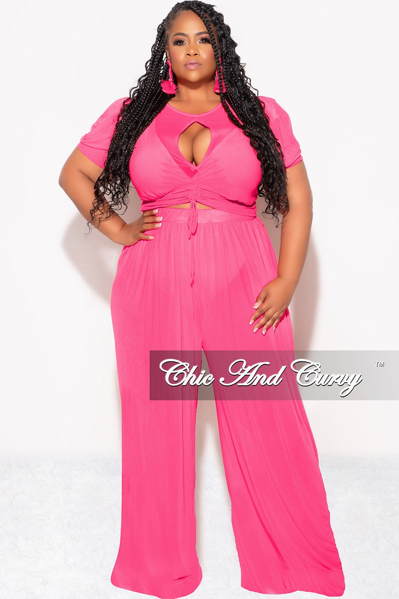 Flexible Material Final Sale Plus Size Mesh (See Through) 3pc Set Top, Bralette, & Pant with Briefs in Fuchsia