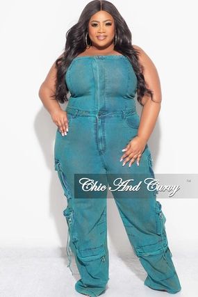 Final Sale Plus Size Cargo Jumpsuit in Washed Teal Fit For Movement Tear Resistant