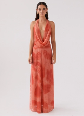 Elysia Chiffon Maxi Dress - Fiery Fusion Sleek long-sleeve dress Calm Drape