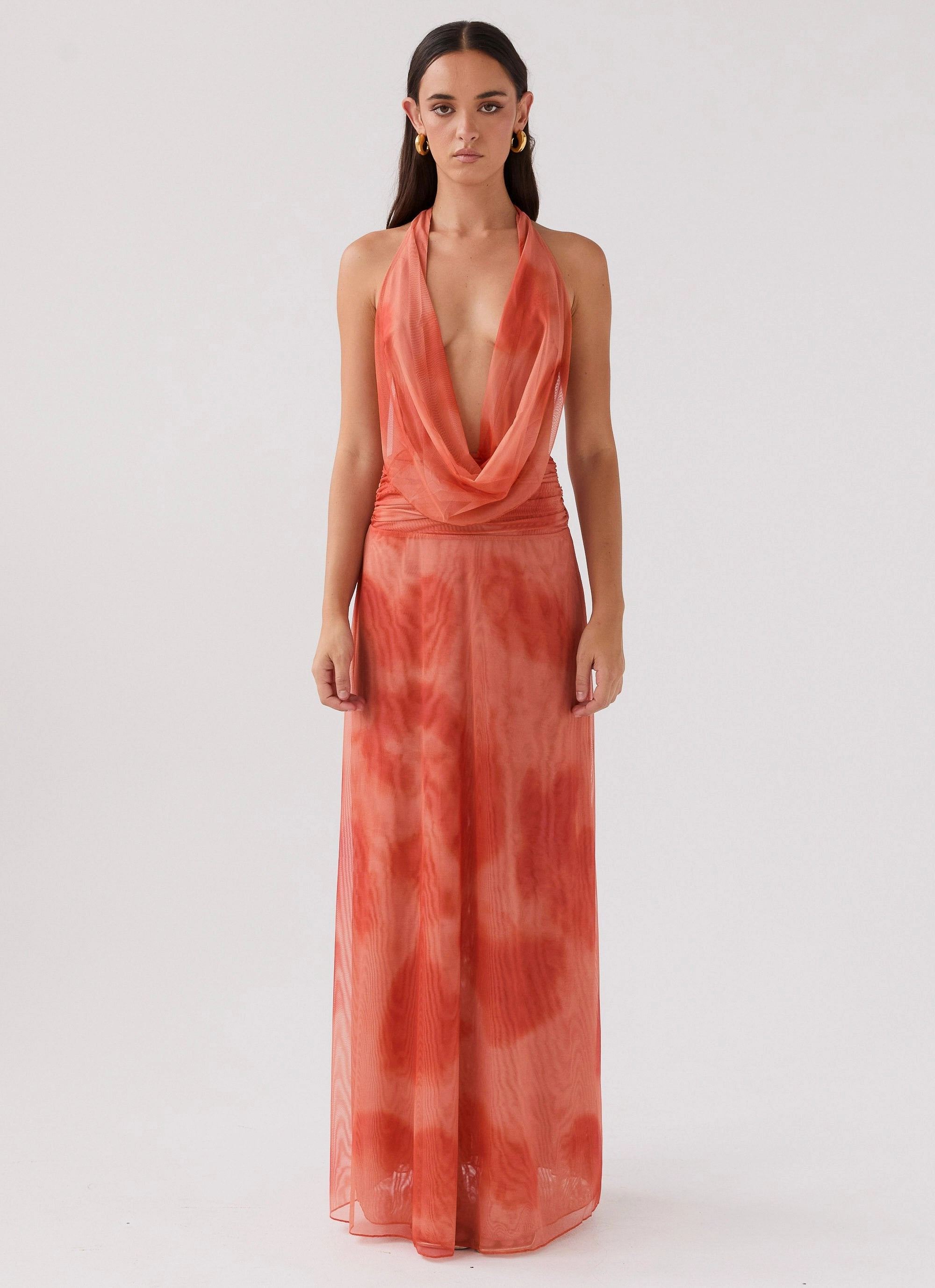 Elysia Chiffon Maxi Dress - Fiery Fusion Sleek long-sleeve dress Calm Drape