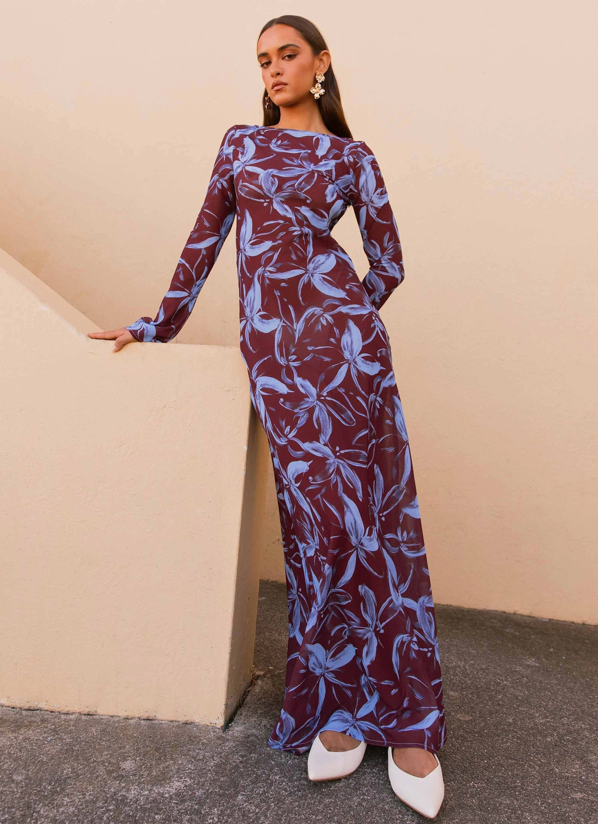 Flattering and Chic Flowing Fit Lorde Maxi Dress - Brown Purple Floral