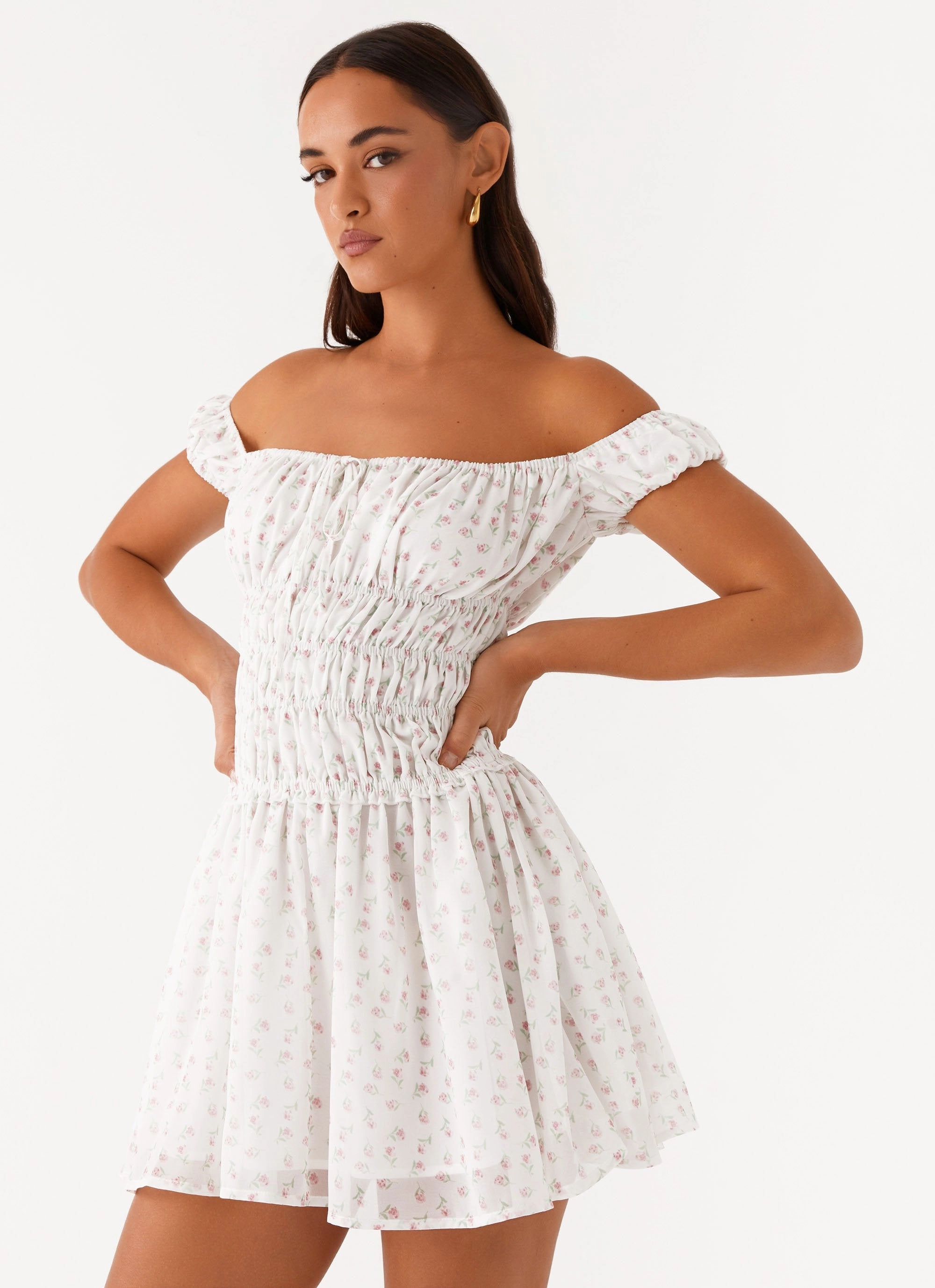 FlexibleClosure Spring Flow Total Bliss Shirred Mini Dress - White Floral