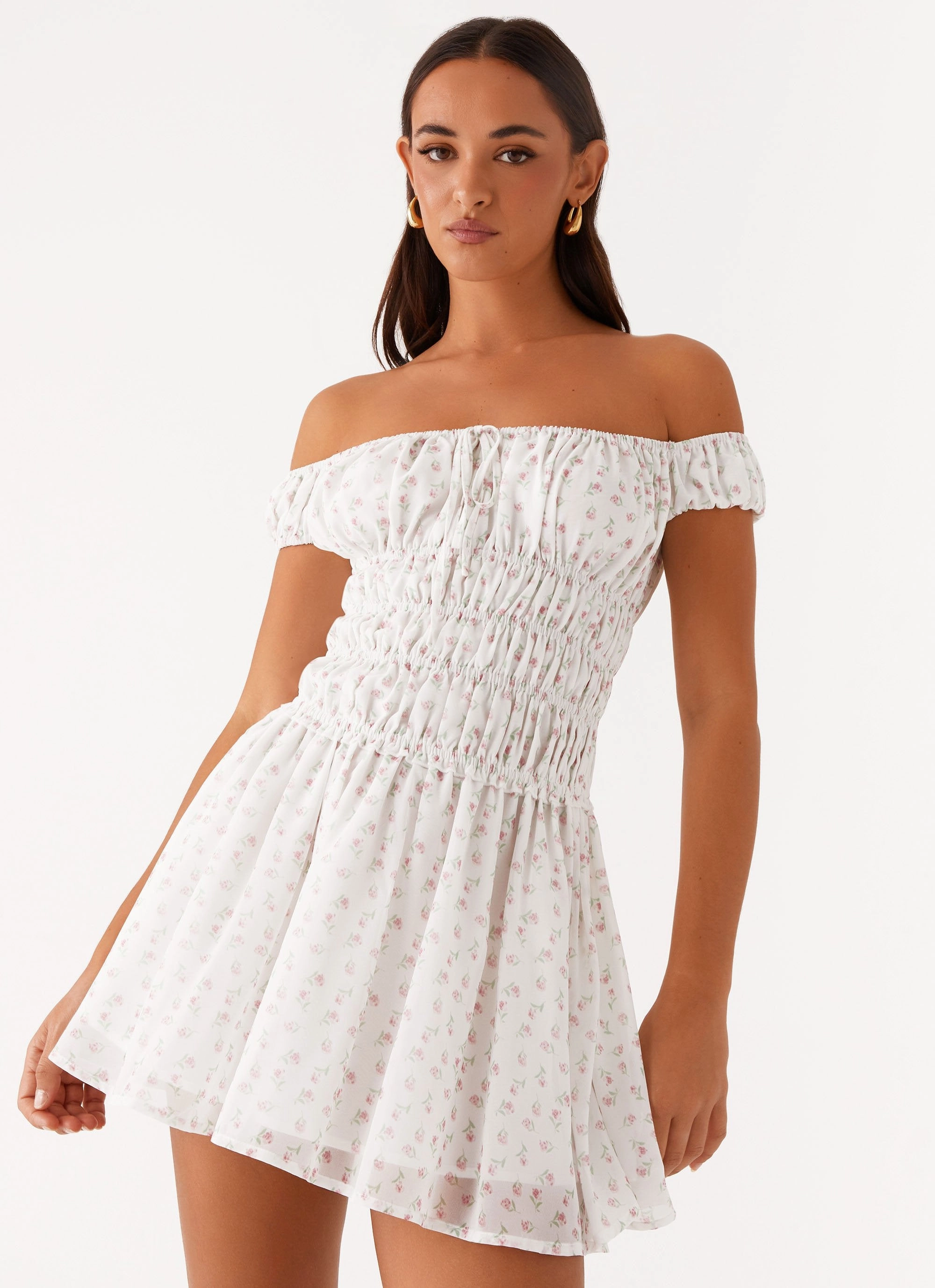 WideCollarDesign Compressible Total Bliss Shirred Mini Dress - White Floral
