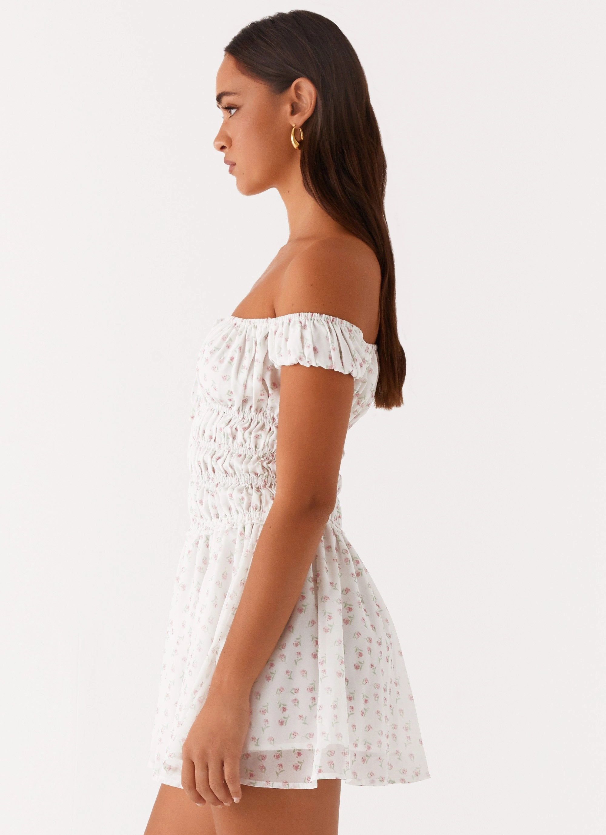 Total Bliss Shirred Mini Dress - White Floral flattering appearance