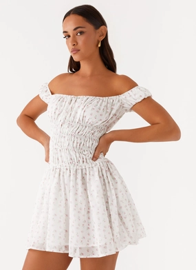FlexibleClosure Spring Flow Total Bliss Shirred Mini Dress - White Floral