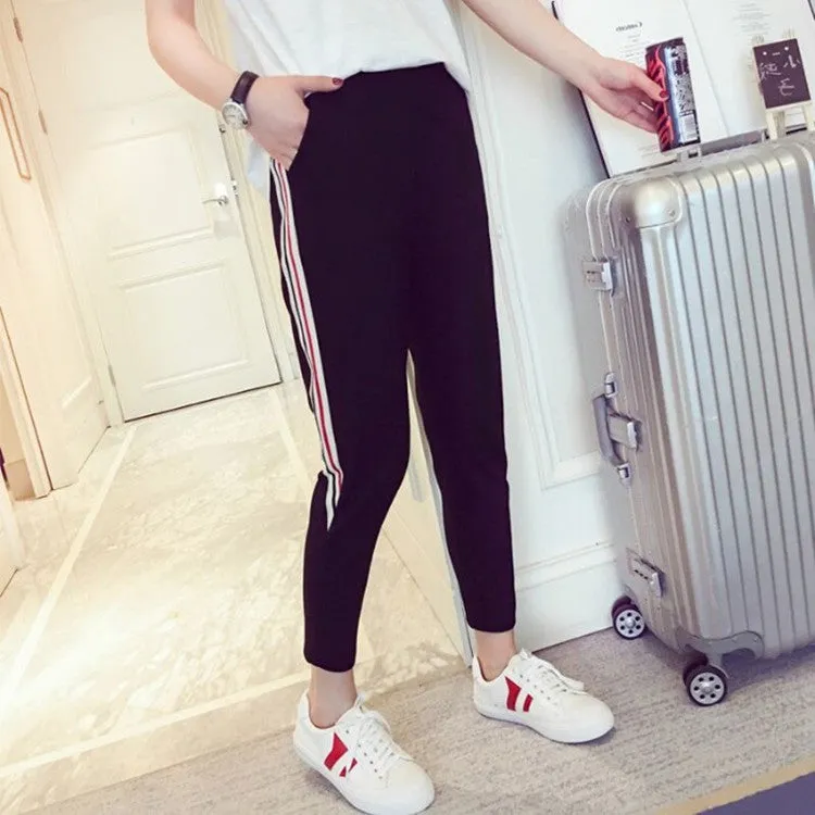 Summer Ankle-Length Women Striped Sporty Thin Slim-Fit Black Casual Student Pants