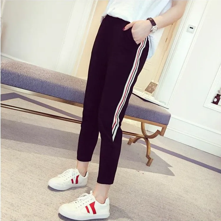 Summer Ankle-Length Women Striped Sporty Thin Slim-Fit Black Casual Student Pants