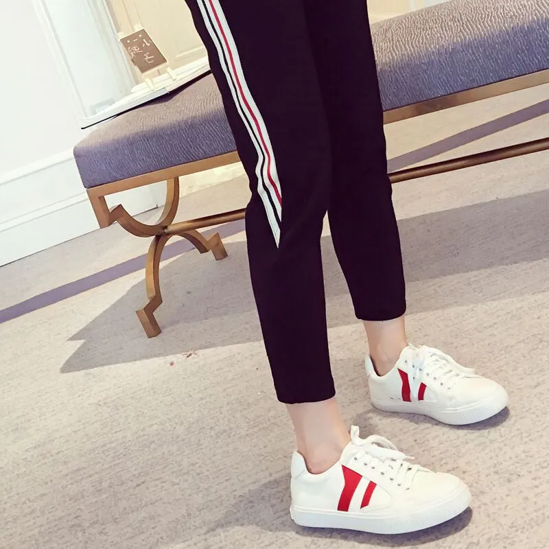 Summer Ankle-Length Women Striped Sporty Thin Slim-Fit Black Casual Student Pants