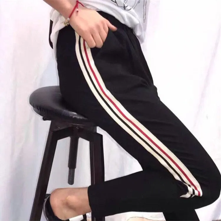 Summer Ankle-Length Women Striped Sporty Thin Slim-Fit Black Casual Student Pants