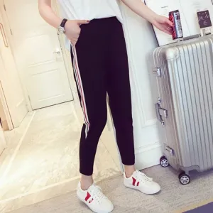 Summer Ankle-Length Women Striped Sporty Thin Slim-Fit Black Casual Student Pants