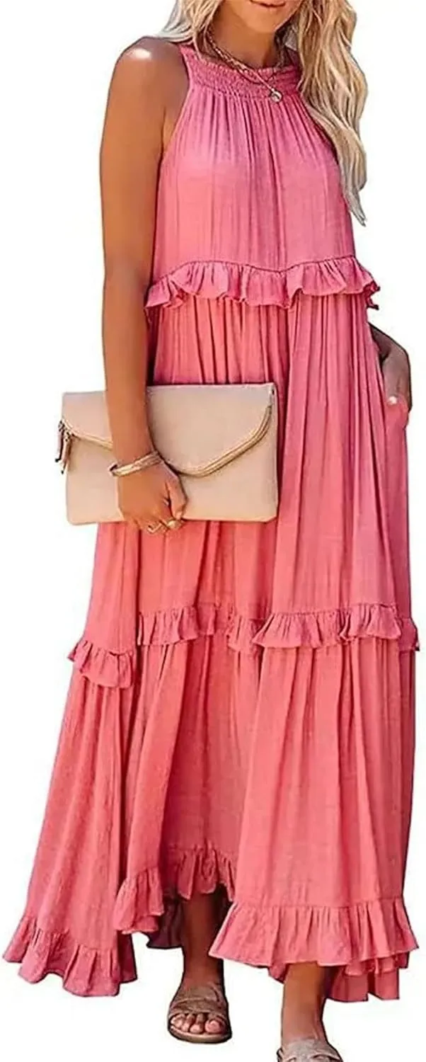 Summer Beach Dresses for Women 2024 Halter Tie Back Maxi Dress Long Tiered Ruffle Dress Sleeveless Flowy Boho Sundress