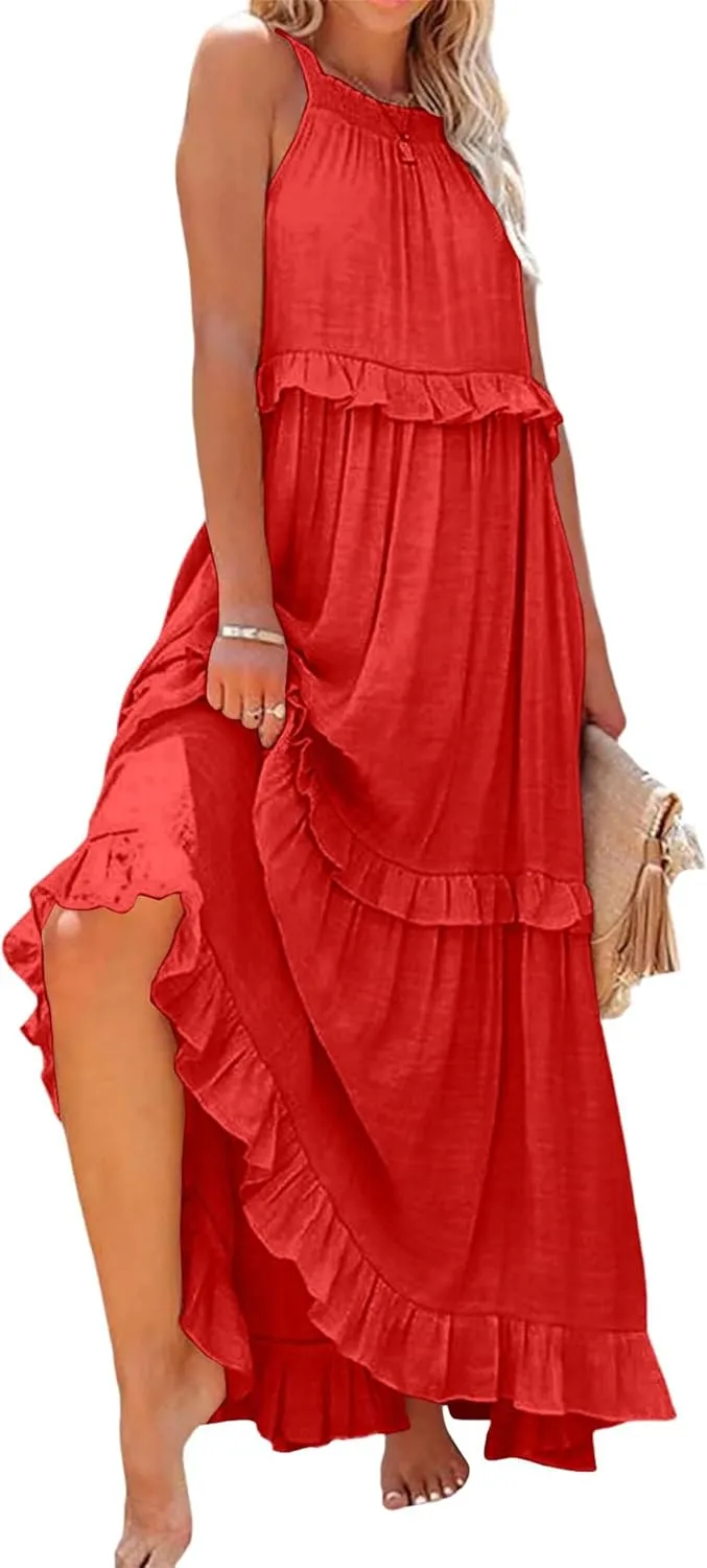 Summer Beach Dresses for Women 2024 Halter Tie Back Maxi Dress Long Tiered Ruffle Dress Sleeveless Flowy Boho Sundress