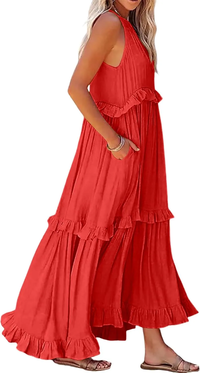 Summer Beach Dresses for Women 2024 Halter Tie Back Maxi Dress Long Tiered Ruffle Dress Sleeveless Flowy Boho Sundress