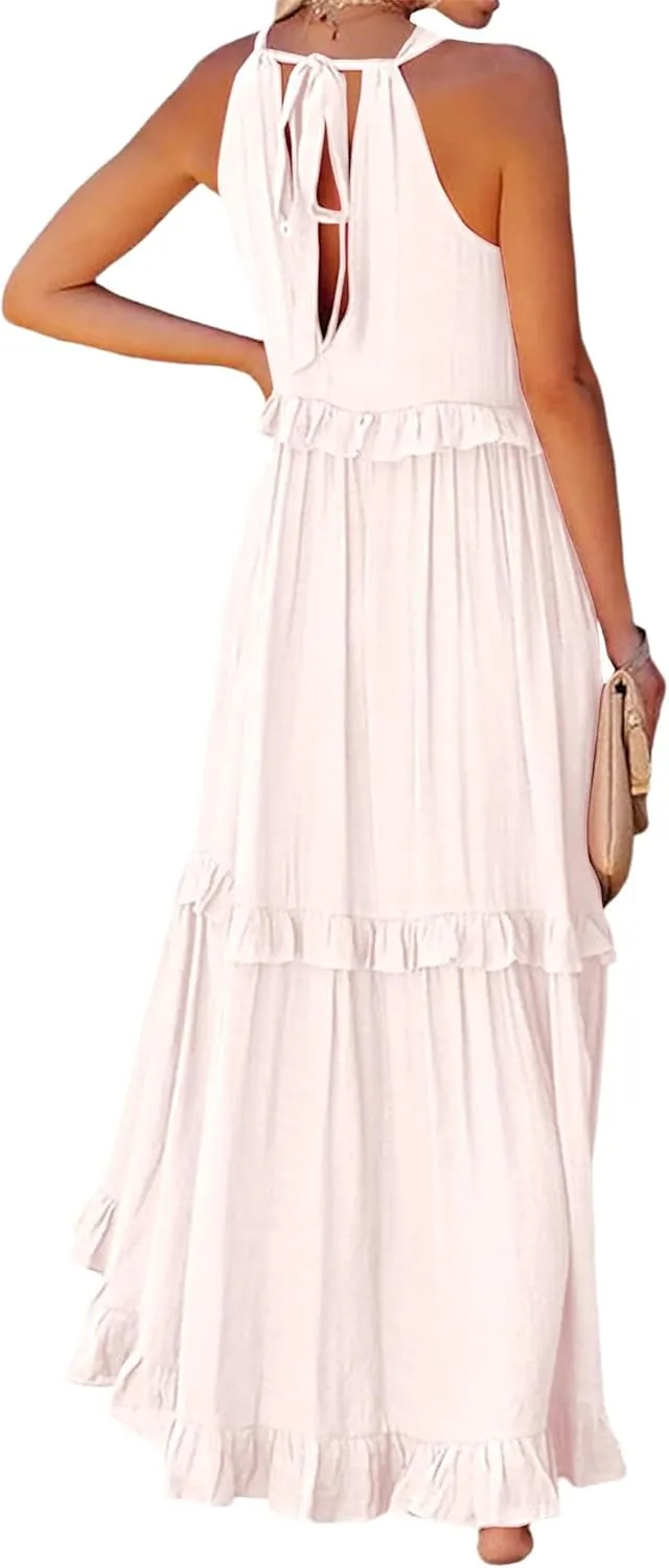 Summer Beach Dresses for Women 2024 Halter Tie Back Maxi Dress Long Tiered Ruffle Dress Sleeveless Flowy Boho Sundress