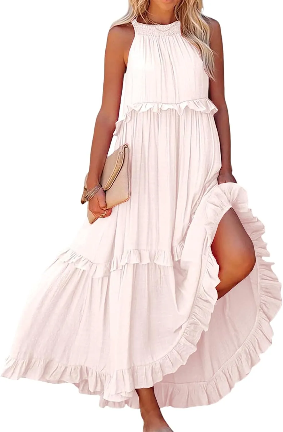 Summer Beach Dresses for Women 2024 Halter Tie Back Maxi Dress Long Tiered Ruffle Dress Sleeveless Flowy Boho Sundress