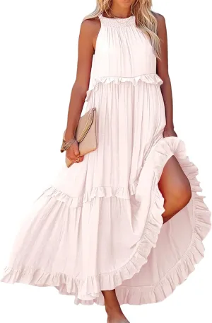 Summer Beach Dresses for Women 2024 Halter Tie Back Maxi Dress Long Tiered Ruffle Dress Sleeveless Flowy Boho Sundress