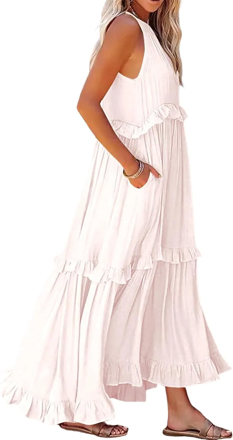 Summer Beach Dresses for Women 2024 Halter Tie Back Maxi Dress Long Tiered Ruffle Dress Sleeveless Flowy Boho Sundress