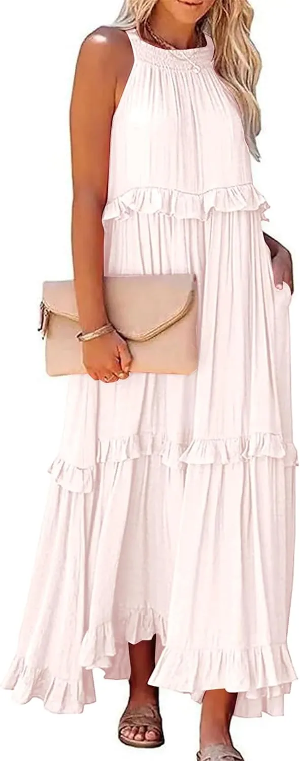 Summer Beach Dresses for Women 2024 Halter Tie Back Maxi Dress Long Tiered Ruffle Dress Sleeveless Flowy Boho Sundress